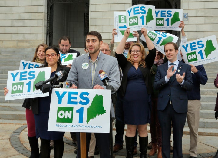 Proponents of Maine's marijuana legalization referendum claim victory at a press conference at City Hall in Portland, Nov. 9, 2016.