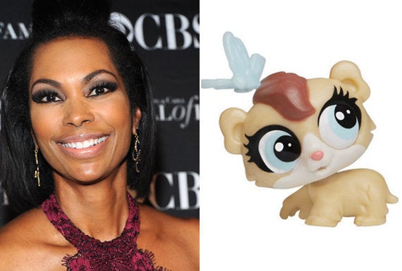 Harris Faulkner the anchor, left, and Harris Faulkner the toy hamster, right.