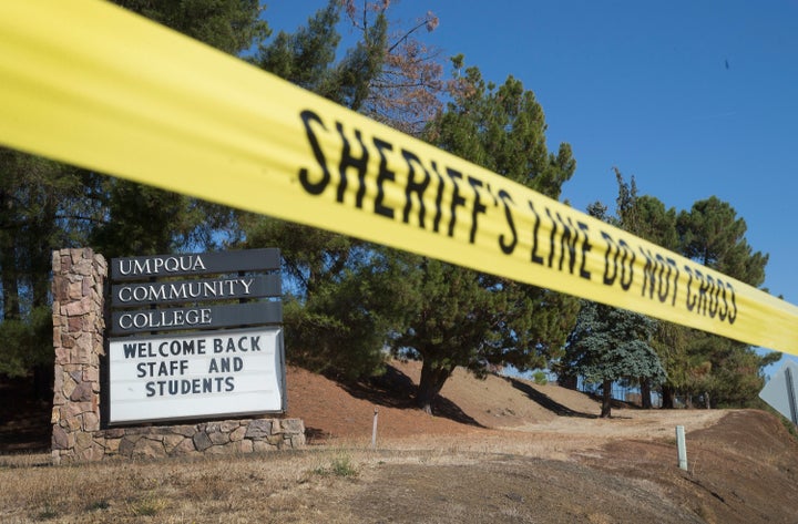 A sign at the edge of campus welcomes students and staff back to Umpqua Community College on October 5, 2015 in Roseburg, Oregon.