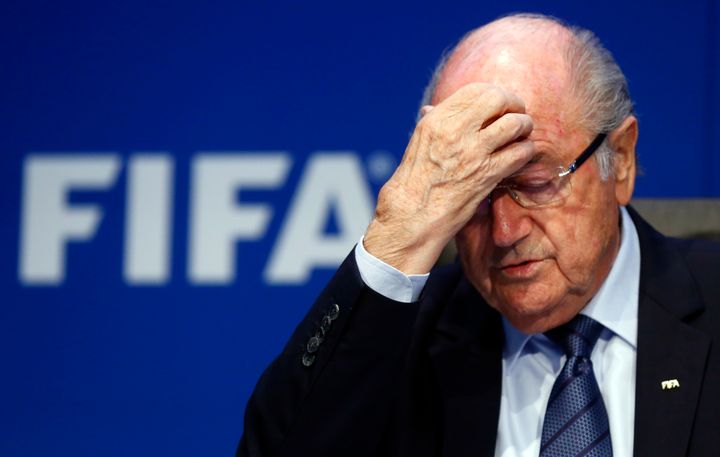 Embattled FIFA President Sepp Blatter gestures during news conference after an extraordinary Executive Committee meeting in Zurich, Switzerland, May 30, 2015.
