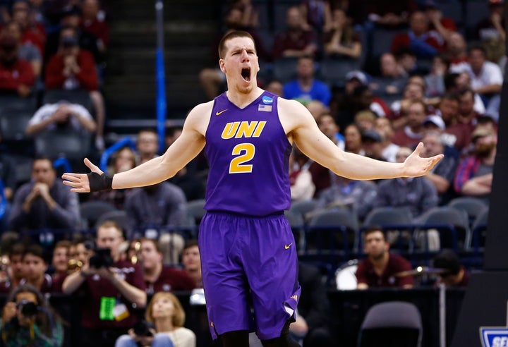 Mar 20, 2016; Oklahoma City, OK, USA; Northern Iowa Panthers forward Klint Carlson (2) reacts in the second half against the Texas A&M Aggies during the second round of the 2016 NCAA Tournament at Chesapeake Energy Arena. Mandatory Credit: Kevin Jairaj-USA TODAY Sports