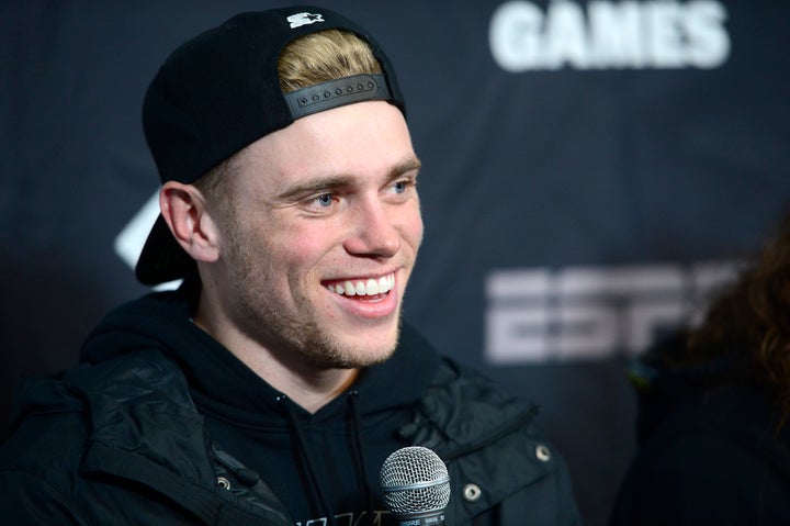 Skiier Gus Kenworthy laughs while answering a question during a press conference the day before the start of the X Games Aspen at Buttermilk Mountain on January 27, 2016 in Aspen, Colorado