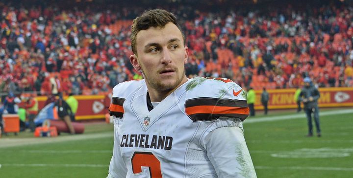 Quarterback Johnny Manziel #2 of the Cleveland Browns walks off the field after losing to the Kansas City Chiefs on December 27, 2015 at Arrowhead Stadium in Kansas City, Missouri.