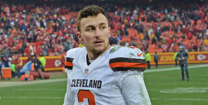 Quarterback Johnny Manziel #2 of the Cleveland Browns walks off the field after losing to the Kansas City Chiefs on December 27, 2015 at Arrowhead Stadium in Kansas City, Missouri.