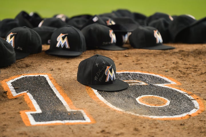 Sep 26, 2016; Miami, FL, USA; Hats of the Miami Marlins lay on the pitchers mound after the game to honor teammate starting p