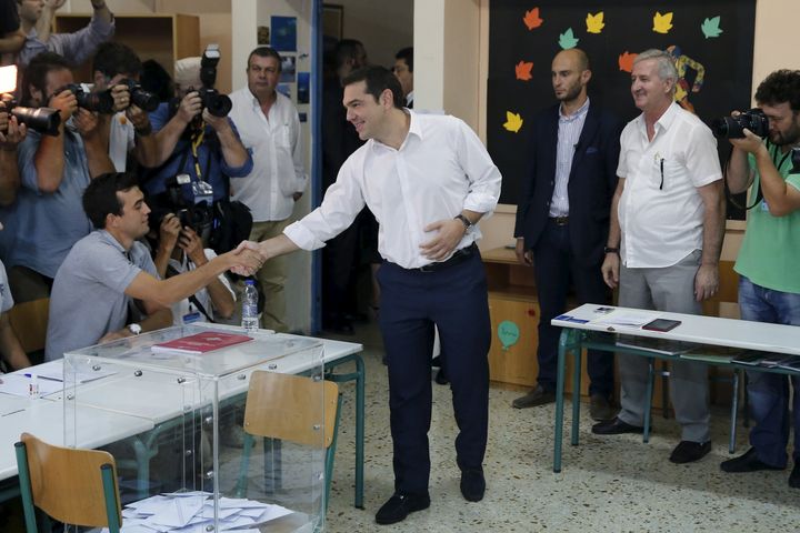 Former Greek prime minister and leader of leftist Syriza party Alexis Tsipras arrives to vote for the general elections.
