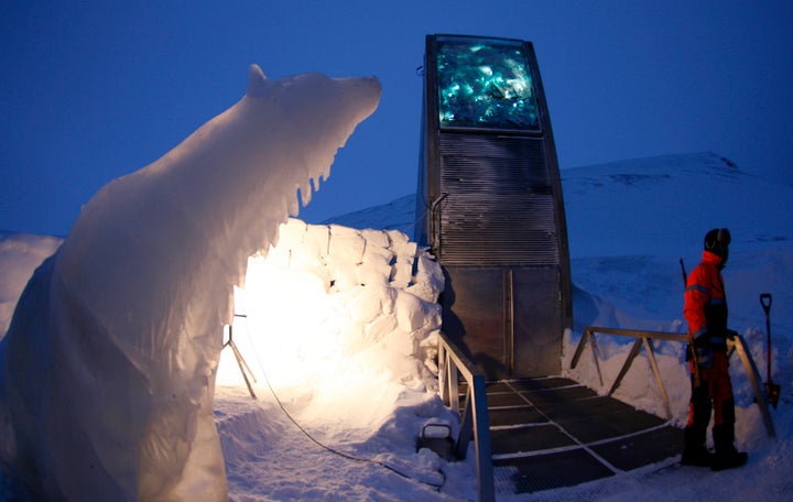 A polar bear sculpture made of ice stands outside the Global Seed Vault in Longyearbyen February 25, 2008.