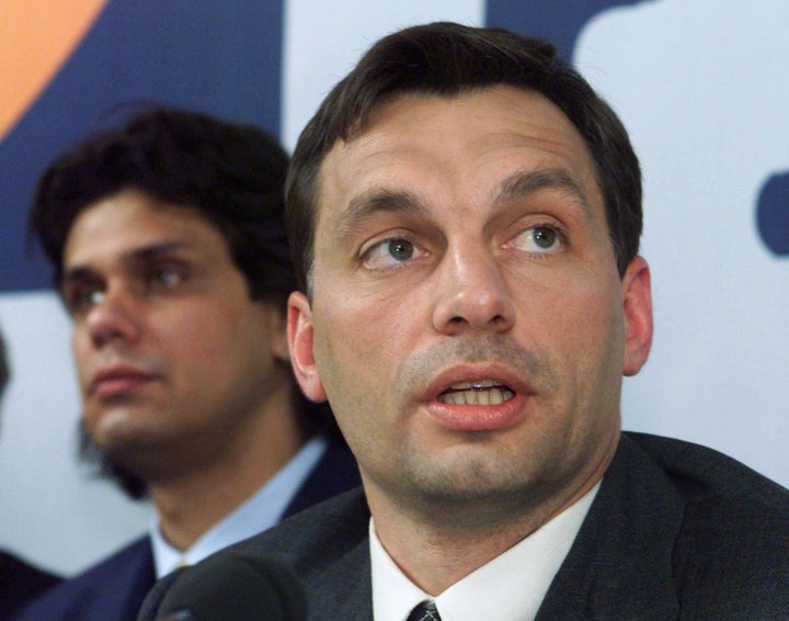 A younger Viktor Orban, the chairman of the Fidesh party speaks during the press conference at the election headquarter in Budapest.