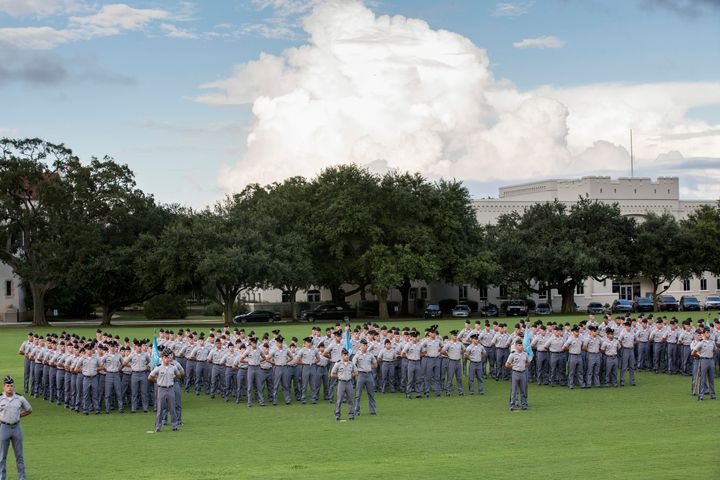 Citadel freshman cadets, known as knobs, stand in formation during the oath ceremony on August 19, 2013 in Charleston, South Carolina.