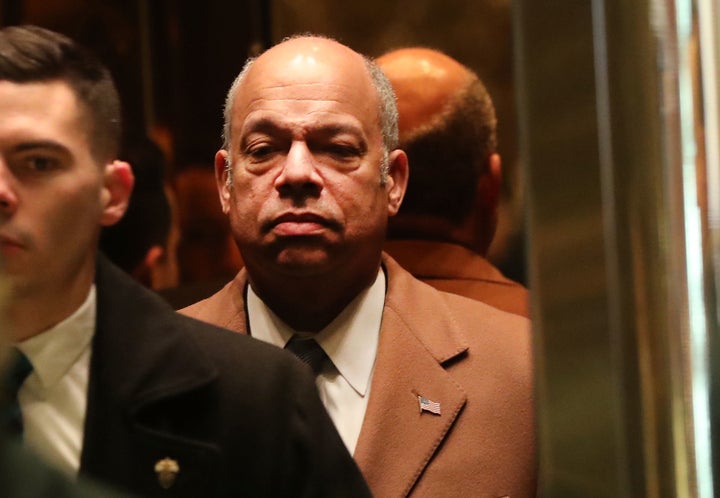 Homeland Security Secretary Jeh Johnson arrives at Trump Tower on December 16, 2016 to meet with President-Elect Donald Trump