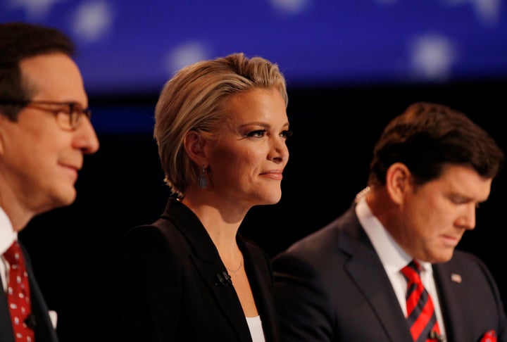 Megyn Kelly moderated a GOP primary debate in January 2015 along with Chris Wallace (left) and Bret Baier.