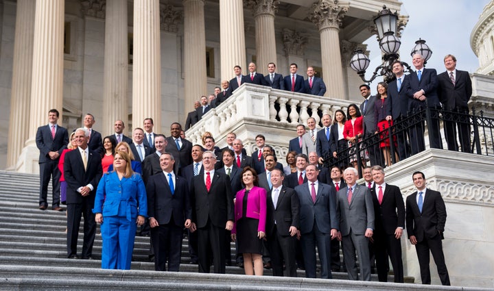 The freshman class of the 115th Congress poses for a group photo on Tuesday, Nov. 15, 2016.