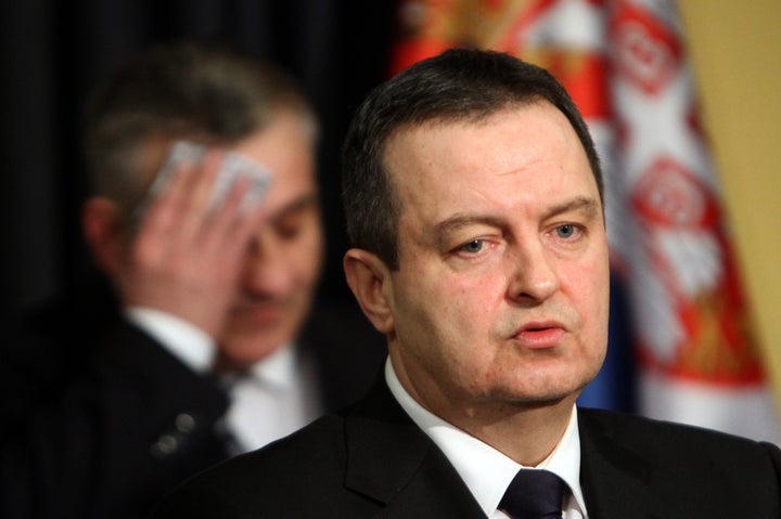 Serbian Foreign Minister Ivica Dacic addresses a press conference in Belgrade on Feb. 20, 2016.