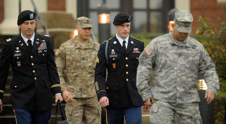 Army Sgt. Bowe Bergdahl, second from right, leaves a military courthouse with his attorney Lt. Col. Franklin Rosenblatt, left, at Ft. Bragg, North Carolina. 