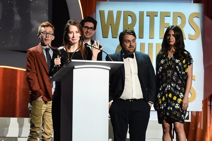 Bess Kalb (speaking at lectern) and fellow writers accept the 2016 Writers Guild Awards Comedy/Variety Specials award for 'Jimmy Kimmel Live: 10th Annual After The Oscars Special'.