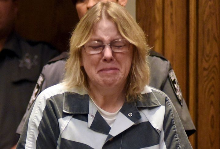 Joyce Mitchell cries during sentencing at Clinton County Court in Plattsburgh, New York.