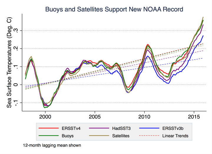Independent buoy and satellite sea surface temperature data (in green and gold, respectively) closely match NOAA's <a href="https://www.ncdc.noaa.gov/data-access/marineocean-data/extended-reconstructed-sea-surface-temperature-ersst-v4" target="_blank" role="link" class=" js-entry-link cet-external-link" data-vars-item-name="Extended Reconstructed Sea Surface Temperature" data-vars-item-type="text" data-vars-unit-name="586bf909e4b0eb58648ac638" data-vars-unit-type="buzz_body" data-vars-target-content-id="https://www.ncdc.noaa.gov/data-access/marineocean-data/extended-reconstructed-sea-surface-temperature-ersst-v4" data-vars-target-content-type="url" data-vars-type="web_external_link" data-vars-subunit-name="article_body" data-vars-subunit-type="component" data-vars-position-in-subunit="12">Extended Reconstructed Sea Surface Temperature</a> (ERSST) dataset, shown in red. NOAA's old analysis appears in blue, while temperature data from the United Kingdom's Hadley Climatic Research Unit is shown in purple.