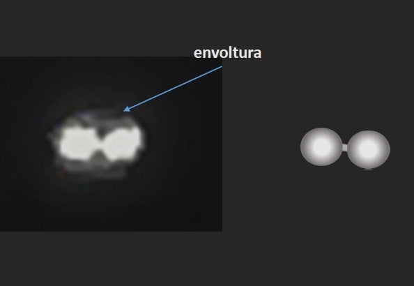 The video depicts two connected white circular lights or hot spots, giving off much heat (left). This image was part of an an