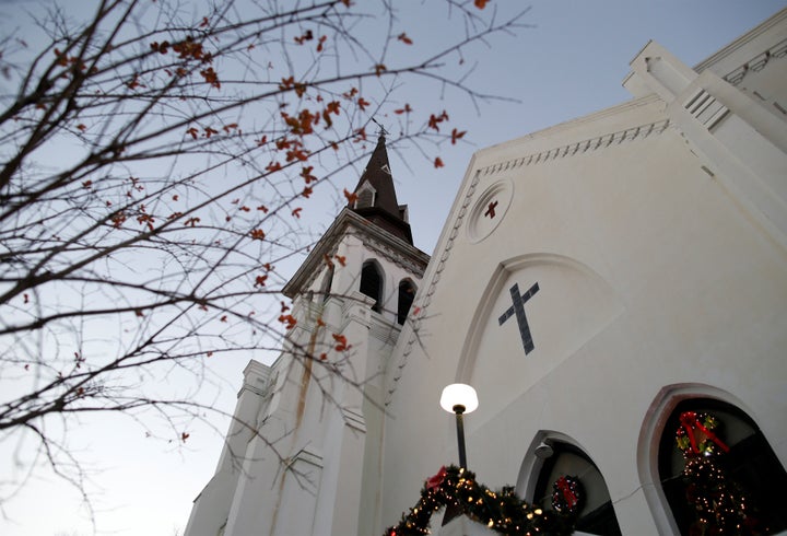 Christmas decorations and a small tree frame the Mother Emanuel AME Church after the federal trial of Dylann Roof who was fou