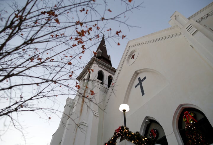 Christmas decorations and a small tree frame the Mother Emanuel AME Church after the federal trial of Dylann Roof who was found guilty of 33 counts including hate crimes in Charleston, South Carolina December 15, 2016.