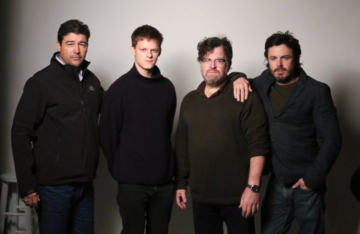 Kyle Chandler, Lucas Hedges, director Kenneth Lonergan and Casey Affleck from the film ''Manchester by the Sea' pose for a po