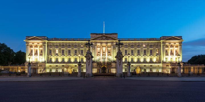 Buckingham Palace at dusk.