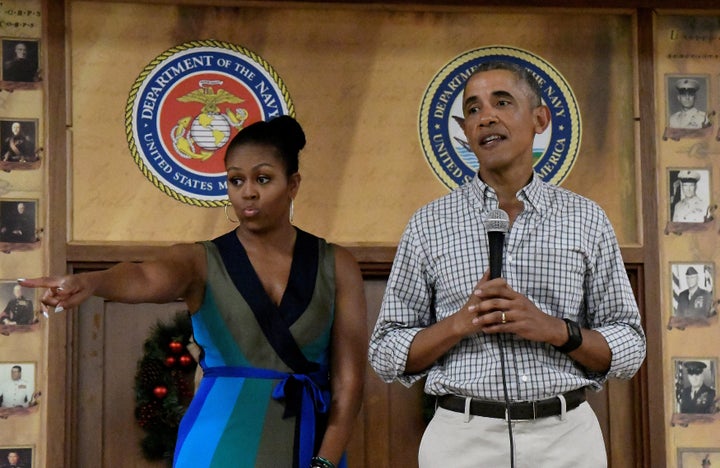 U.S. President Barack Obama and First Lady Michelle Obama speak to U.S. Marines and personnel on Christmas day at Marine Corp