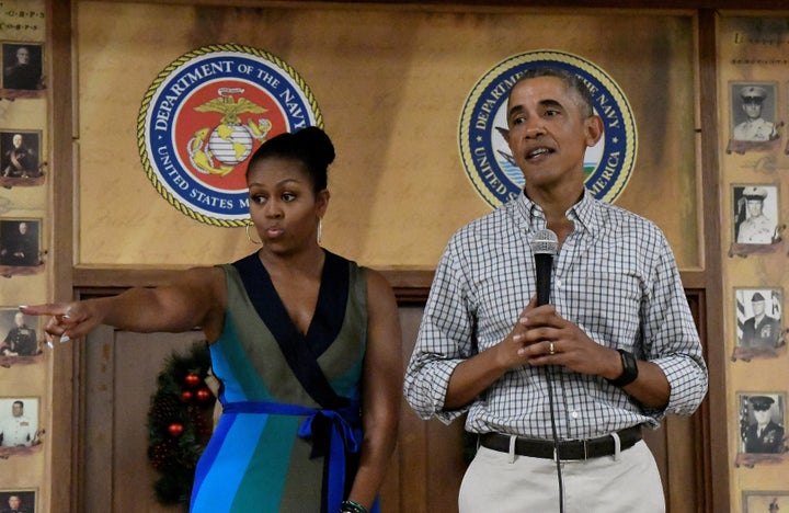 U.S. President Barack Obama and First Lady Michelle Obama speak to U.S. Marines and personnel on Christmas day at Marine Corps Base Hawaii during his Christmas holiday vacation in Kailua, Hawaii, December 25, 2016.