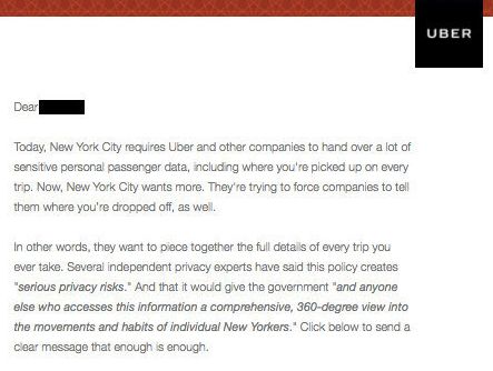 Uber sent this email to riders on Monday, urging them to petition New York City to drop its request for drop-off location data. 