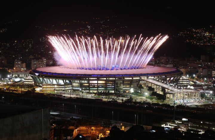 Rio de Janeiro's famed Maracanã stadium, built in 1950, lights up with fireworks for the opening ceremony of the 2016 Rio Olympics.