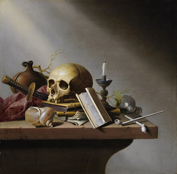 Harmen Steenwyck, "Vanitas," circa 1640, oil on panel, 37.7 cm (14.8 in) x 38.2 cm (15 in).