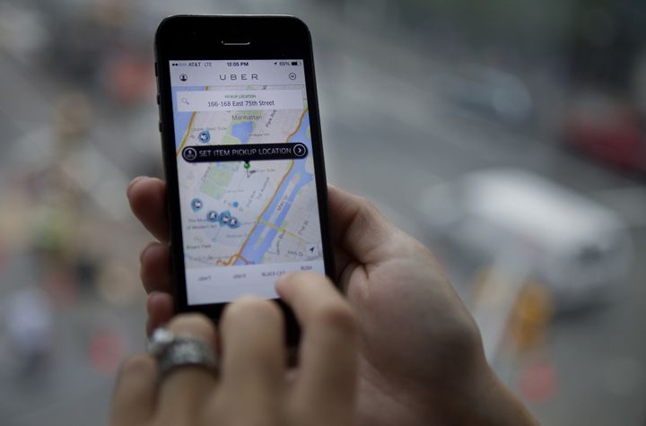 In this photo, the Uber app shows a user's location on a map in Manhattan on Aug. 6, 2014. The company is fighting New York City, which wants access to riders' pick-up and drop-off locations.