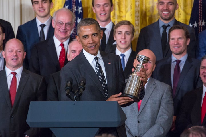 President Barack Obama with the Chicago Blackhawks in the White House on Thursday morning.