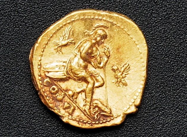 One of three gold coins recently recovered during an excavation at a shop outside Pompeii.
