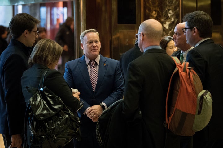 Incoming White House press secretary Sean Spicer, center, met Thursday with several journalists to discuss press issues.