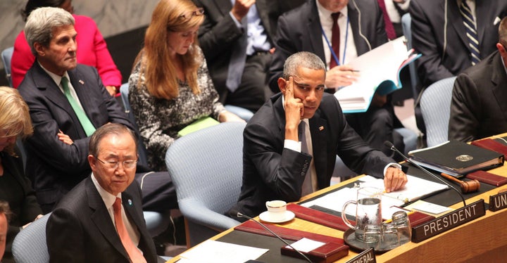 <p>President <a href="https://www.huffpost.com/news/topic/barack-obama">Barack Obama</a> and United Nations Secretary-General Ban Ki-moon at the UN.</p>