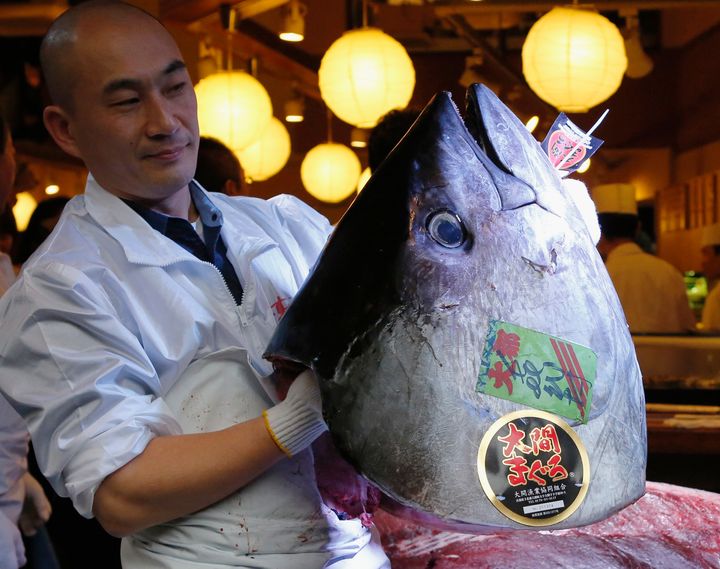 An employee holds the head of a 489-pound bluefin tuna outside Tsukiji fish market in Tokyo on Jan. 5, 2013.