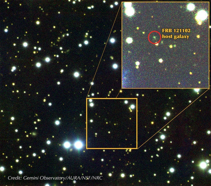 This is a composite image of a dwarf galaxy 3 billion light years away which has been identified as the source of powerful blasts of radio signals.