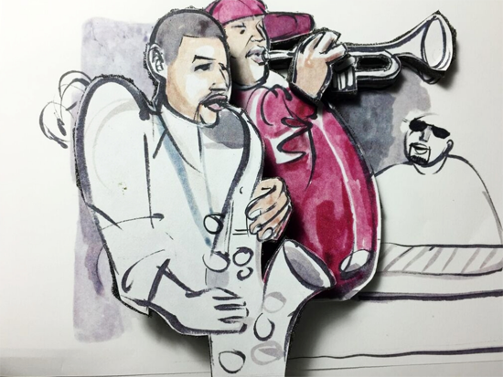 Two Brotha’s, Two Musicians by Leon Johnson, 11.5 X 13, mixed media, 2015; Artwork is featured in the Red Rooster Cookbook: The Story of Food and Hustle in Harlem; Original art is on view at the Red Rooster 