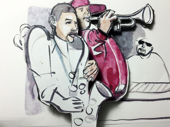 Two Brotha’s, Two Musicians by Leon Johnson, 11.5 X 13, mixed media, 2015; Artwork is featured in the <em>Red Rooster Cookboo