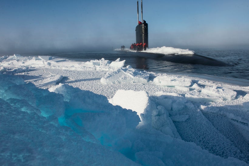 ARCTIC CIRCLE (March 15, 2016) Los Angeles-class submarine USS Hartford (SSN-768), surfaces near Ice Camp Sargo during Ice E