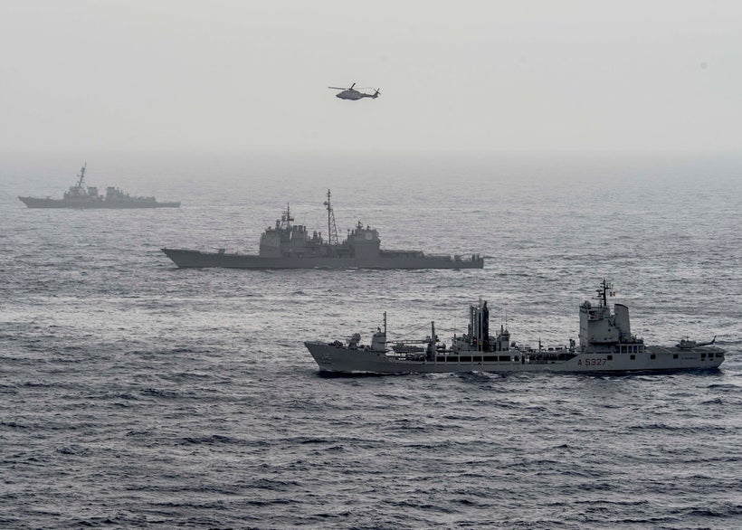 MEDITERRANEAN SEA (June 16, 2016) The guided-missile destroyer USS Roosevelt (DDG 80), top, guided-missile cruiser USS San J