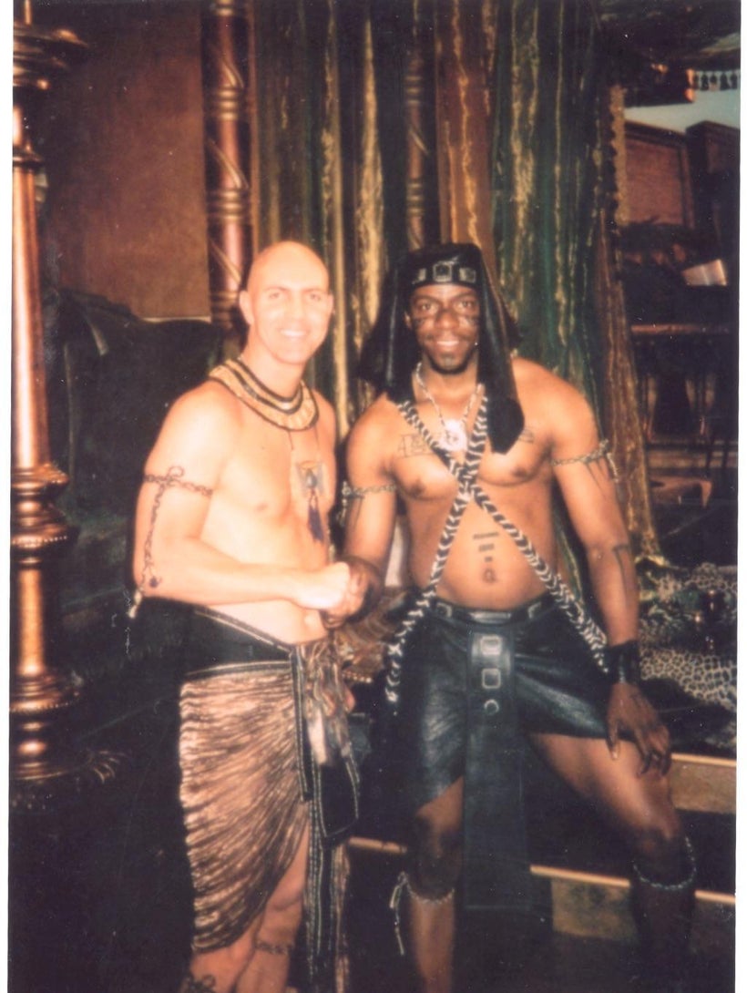Prince Thompson Iyamu poses for a photo with actor Arnold Vosloo during the shooting of The Mummy.