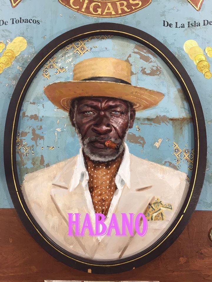 Jules Arthur, <em>Havana’s Finest</em> | oil on wood panel, constructed wooden box frame, fabric, leather, 23k gold leaf lett