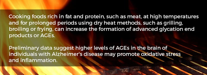 Tip: If using dry-heat cooking (such as grilling, broiling, roasting, searing, stir-frying or pan-frying), marinate meat in something acidic, such as with lemon juice or vinegar, for one hour before cooking to help reduce advanced glycation end products (AGEs) formation. Use moist-heat cooking methods for meat and poultry more often, such as stewing and steaming (for example, by wrapping meat in parchment paper). This results in less formation of AGEs.