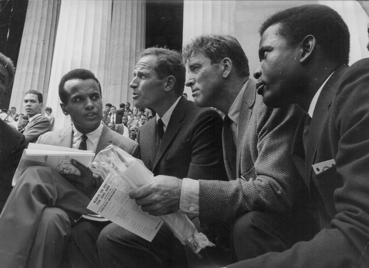 Actors Harry Belafonte, Charlton Heston, Burt Lancaster and Sidney Poitier at the March on Washington for Jobs and Freedom in 1963.