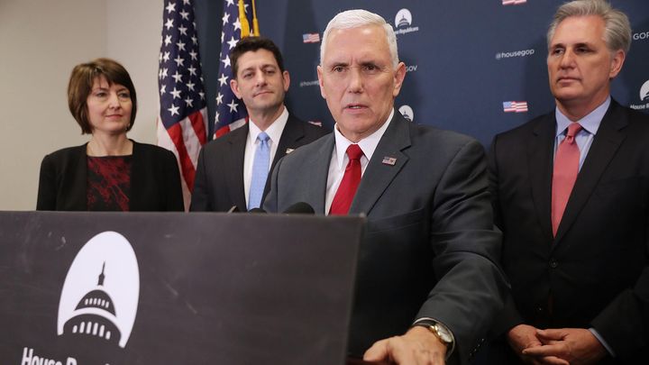 Vice President-elect Mike Pence, center, joins House Republican leaders Rep. Cathy McMorris Rogers, Speaker of the House Paul Ryan and Majority Leader Kevin McCarthy for a news conference following a GOP conference meeting at the U.S. Capitol Jan. 4, 2017, in Washington, about discussing plans to repeal and replace Obamacare. (Chip Somodevilla, Getty Images)