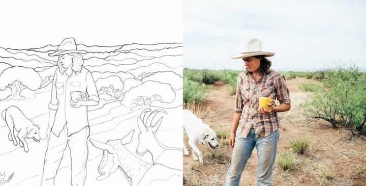 Anastasia (right) is a rancher in western Arizona. She inspired the first page (left) of a new coloring book that aims to tell young girls they can also be farmers.