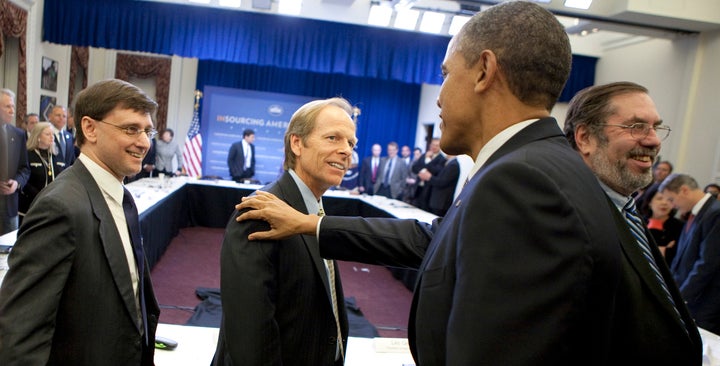 President Barack Obama greets Hal Sirkin of Boston Consulting Group, left, John Heppner, president of Master Lock Co., and Leo Gerard, president of United Steelworkers, at an "Insourcing American Jobs" meeting Jan. 11, 2012. 