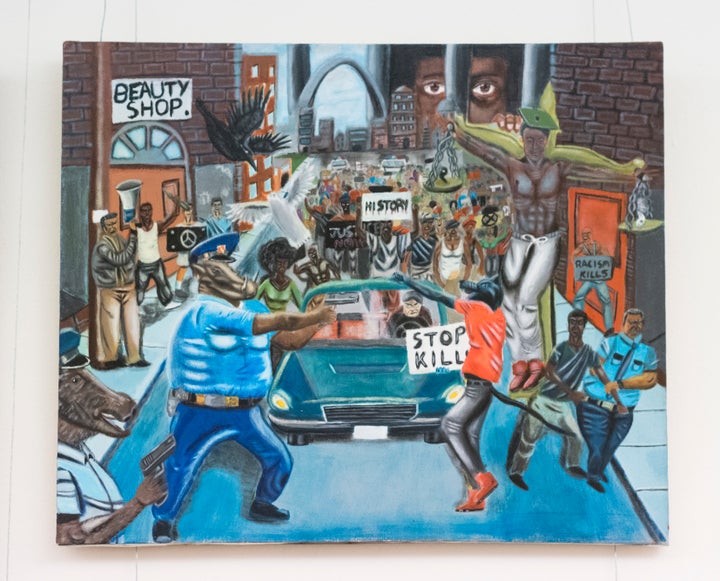 A controversial painting by Missouri student David Pulphus depicting police as animals hung in the tunnel connecting the U.S. Capitol to the Cannon House Office Building.